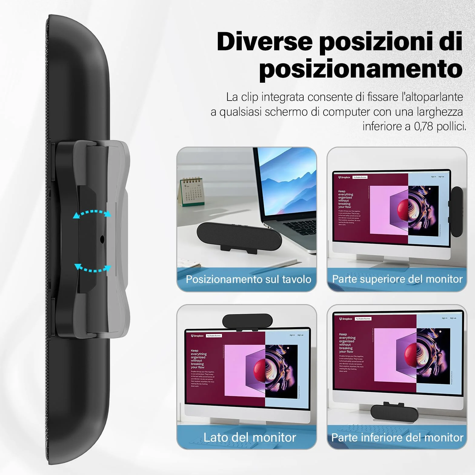 Altoparlante PC USB Portatile Soundbar con Design a Clip per Monitor Plug and Play
