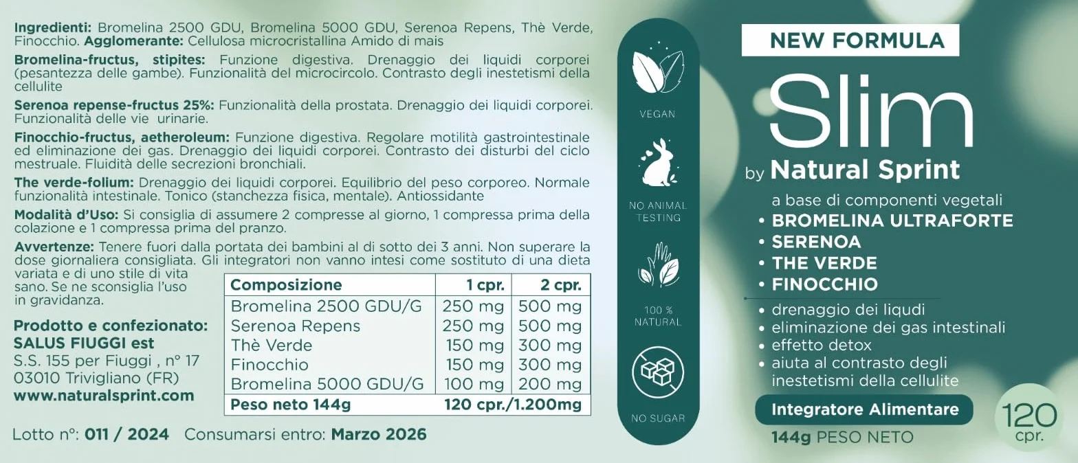Silm Bromelina Alta Concentrazione 5000 GDU 2500 GDU Serenoa Repens The Verde Finocchio Drenante Naturale 120 Compresse Vegane Made in Italy