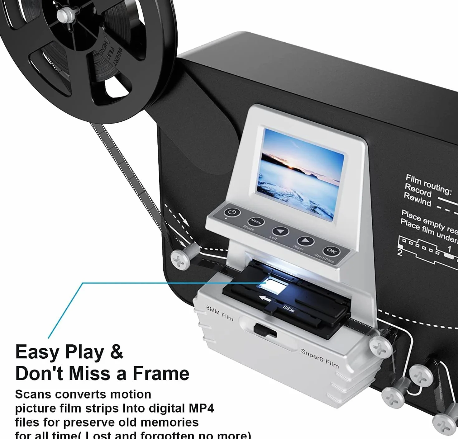 8mm e Super 8 Film to Digital Converter, Scanner Digitizer con schermo da 2,4 pollici, Convertire 3 "5" 7" 9 "Reels View Frame by Frame in 1080P MP4 Digitali, Condivisione e risparmio su 32GB SD Card