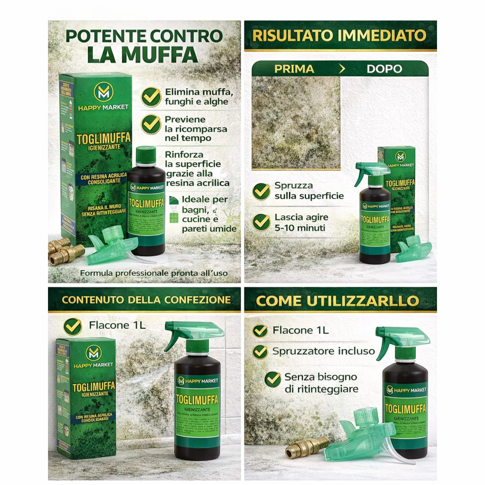 Antimuffa Spray 500ml con Resina Acrilica Consolidante – Trattamento Igienizzante per Pareti Interne