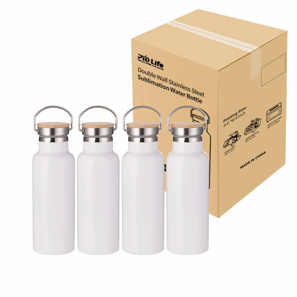 PYD Life Bottiglia di acqua a sublimazione bianca 481,9 g bottiglia sportiva in acciaio inossidabile con coperchio in bambù per bicchiere stampa a sublimazione stampa confezione da 4