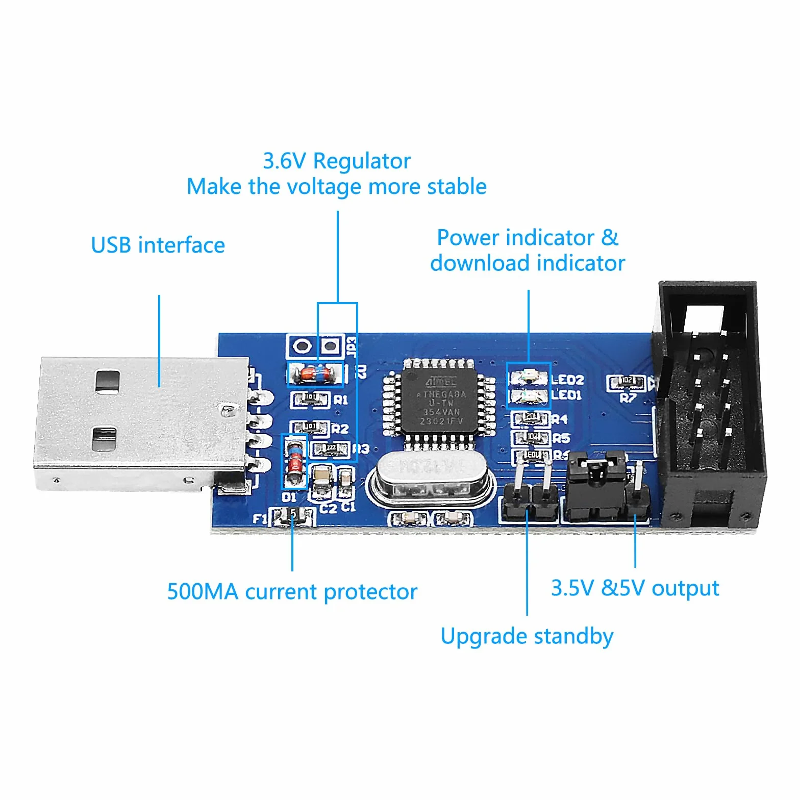 USBasp programmatore con adattatore ISP e cavo, programmatore per USBASP, 3,3 V 5 V 51 USB ISP Programmer per Atmel AVR e Arduino