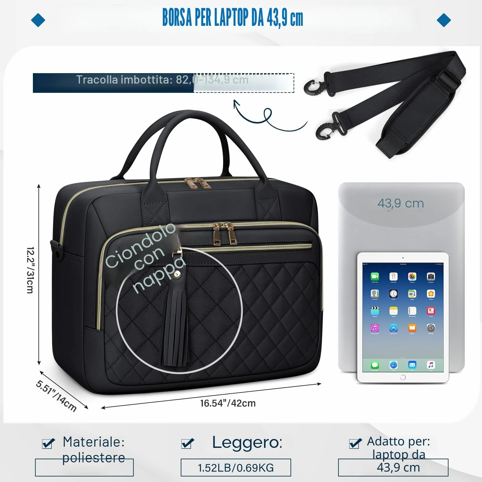 RAINSMORE Borsa Porta PC 17,3 Pollici Borsa Lavoro Donna Impermeabile Borse Computer Borse Documenti Messenger Portadocument per Università Insegnante Ufficio Nero