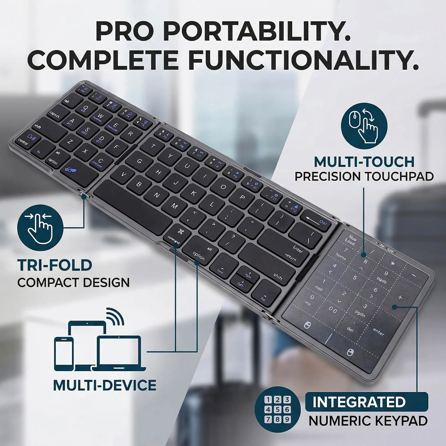 VBESTLIFE Tastiera Pieghevole, Tastiera Portatile Wireless Bluetooth 5.3 con Trackpad Multitouch e Tastierino Numerico, per Smartphone Tablet Laptop PC