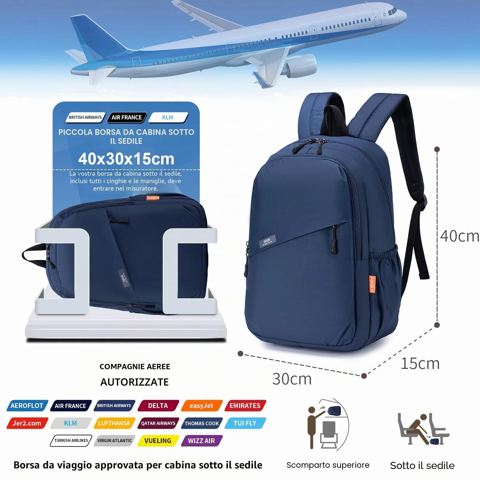 40X30X15 Air France British Airways Wizzair Vueling Zaino da Viaggio Aereo Bagaglio a Mano, Impermeabile Nylon Zaini Bagaglio a Mano Zainetto Porta PC 14 Pollici Con Vano per Computer