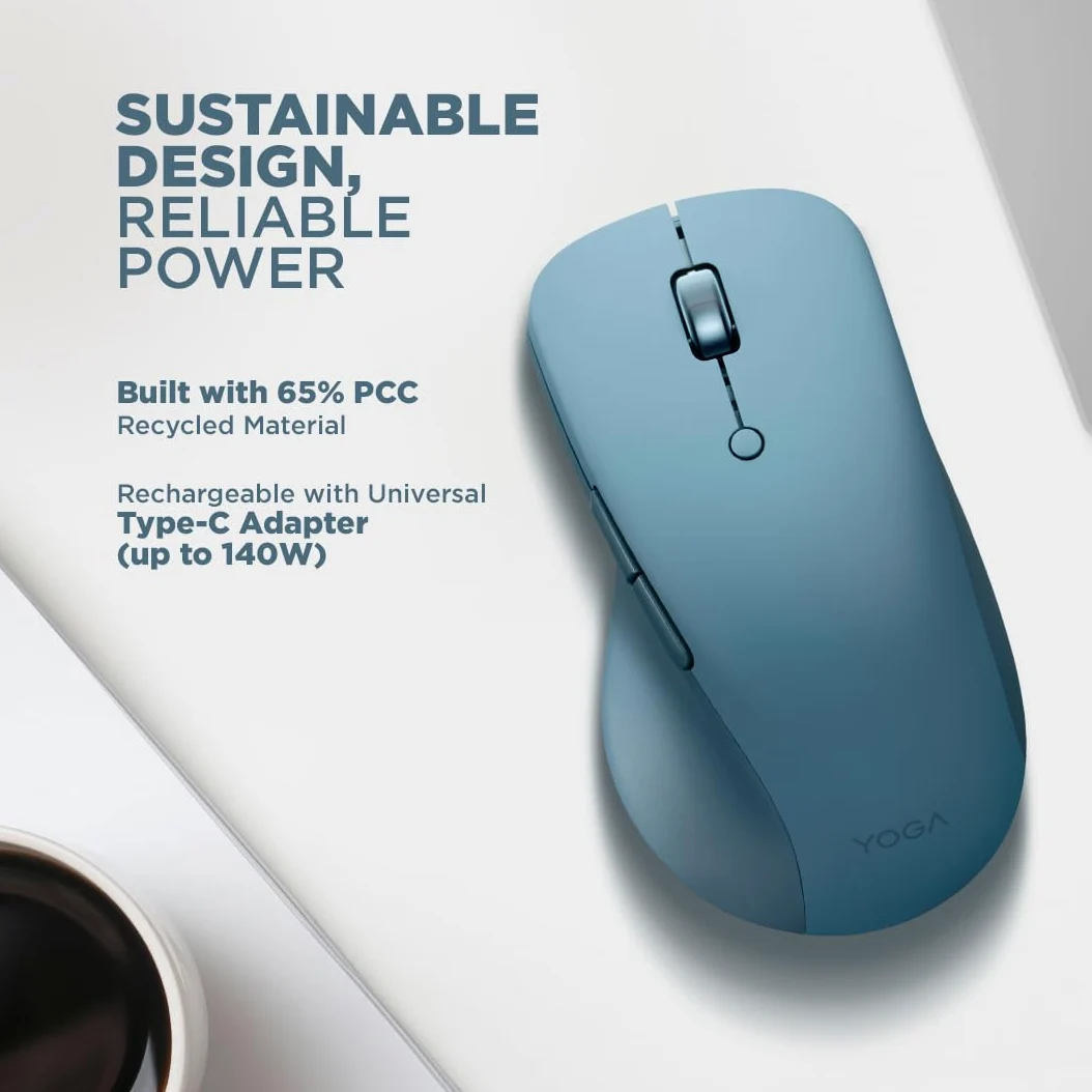 Lenovo Yoga Pro Mouse - Mouse Bluetooth Ricaricabile, Design Ergonomico per Destrimani, DPI Regolabile fino a 4000, Clic Silenziosi, Autonomia fino a 3 Mesi, per PC/Laptop/Windows/macOs - Tidal Teal