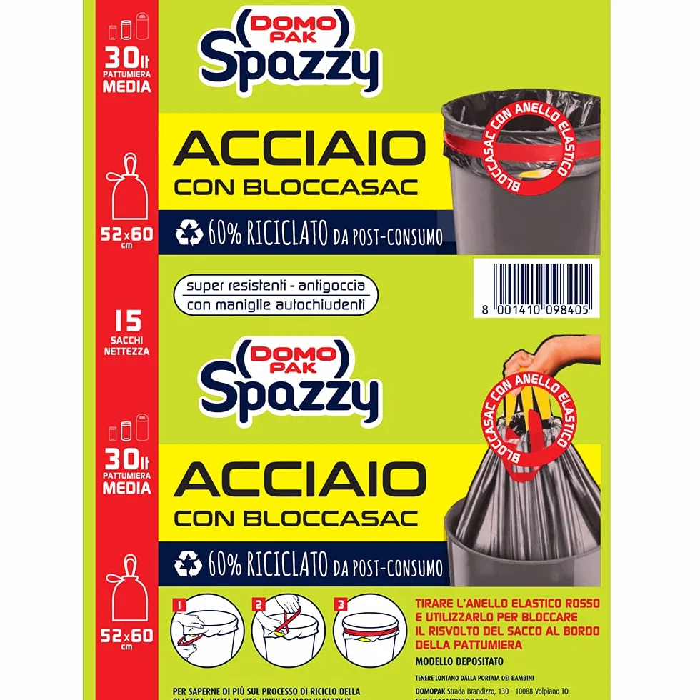 Domopak Spazzy Sacchi Nettezza Acciaio con Bloccasac 30 Lt, 6 Confezioni da 15 Pezzi