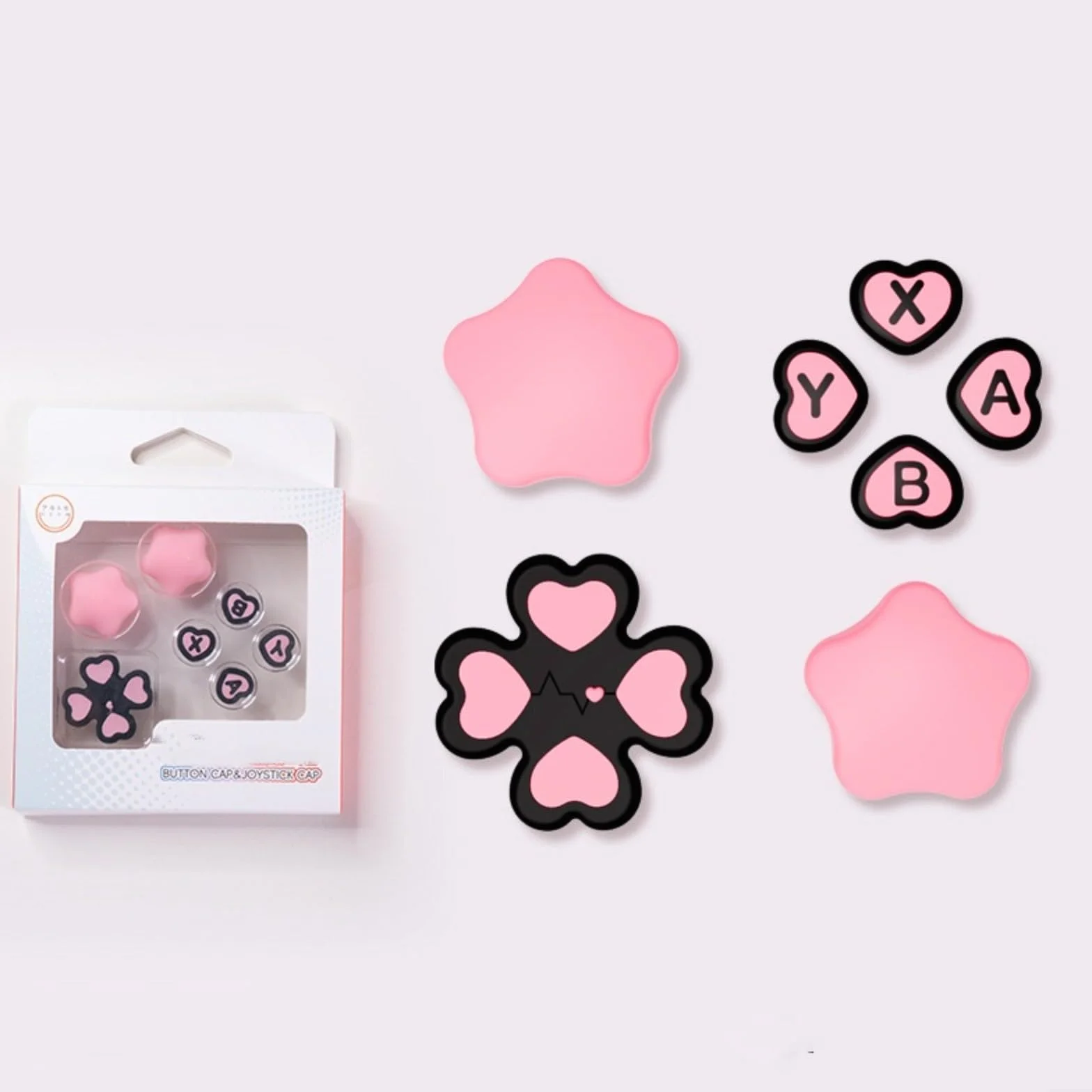 Simpatico set di tappi per tasti in silicone per Nintendo Switch 2, D-Pad e tasti ABXY con adesivi, antiscivolo e morbidi (cuore rosa nero)
