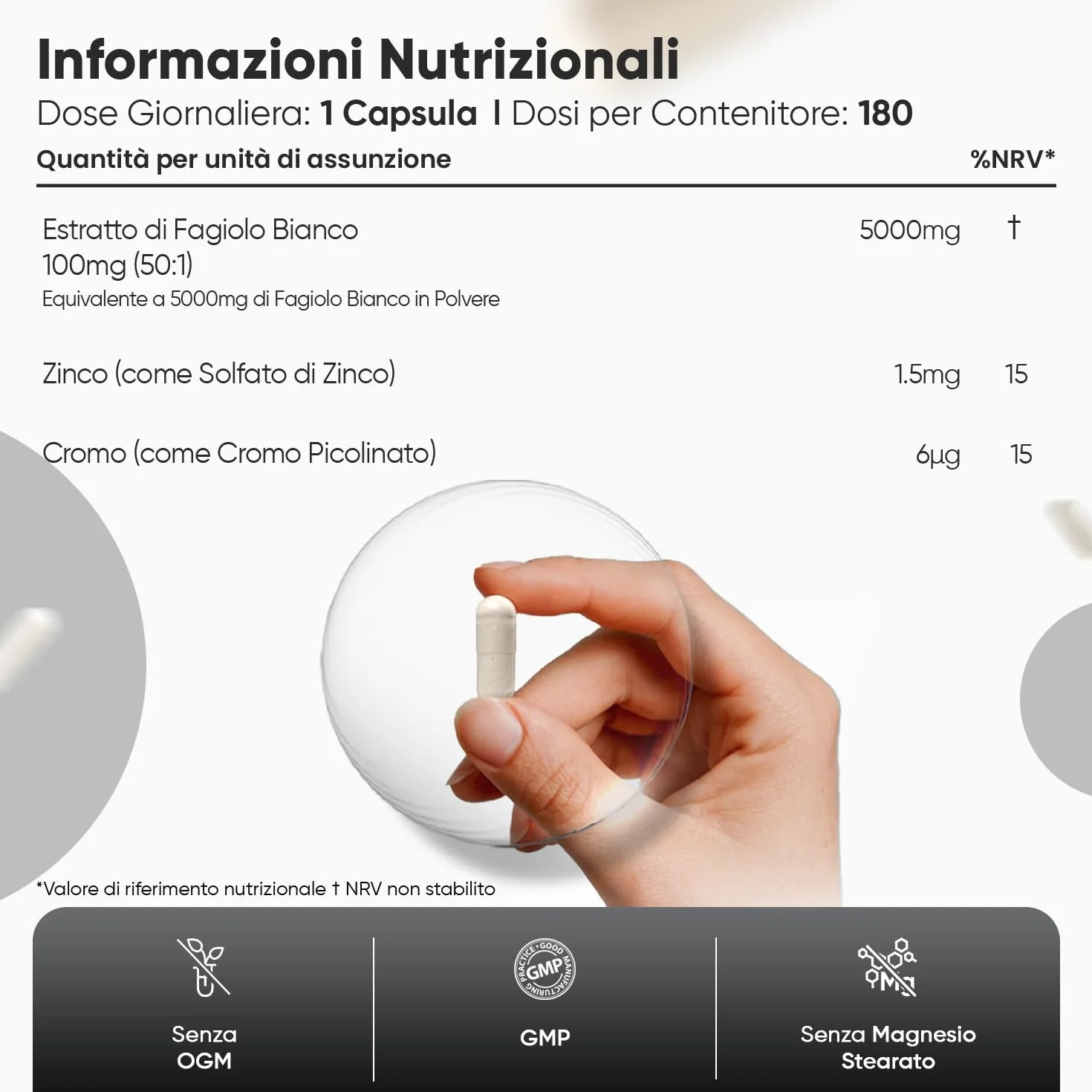 Estratto Fagiolo Bianco Vegano 5000mg 180 Capsule (6 Mesi) Zinco Cromo Senza Magnesio Stearato