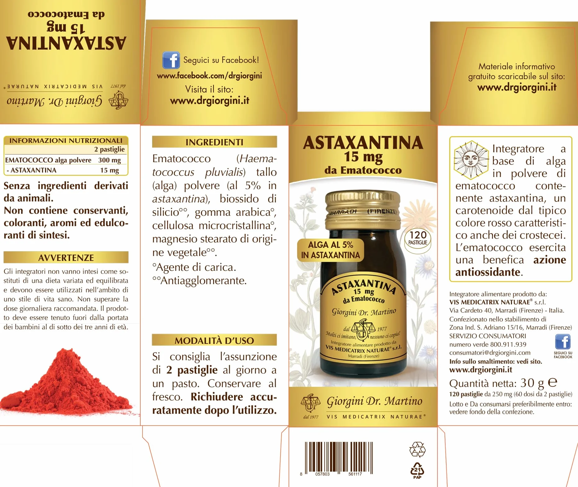 Astaxantina 15 mg pastiglie 30 g integratore Haematococcus Pluvialis alto dosaggio 60 dosi