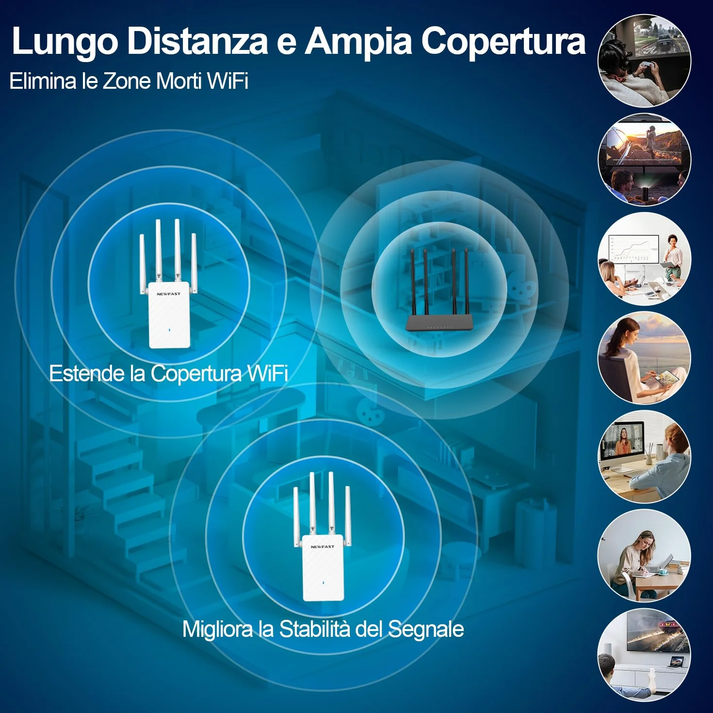 NEWFAST Ripetitore WiFi Potente per Casa, Extender WiFi Potente 2.4GHz N300 Amplificatore Wi-Fi con 4 Antenne ad Alto Guadagno, Porta LAN, Supporta 4 Modalità, WPS Funzione (RE516)