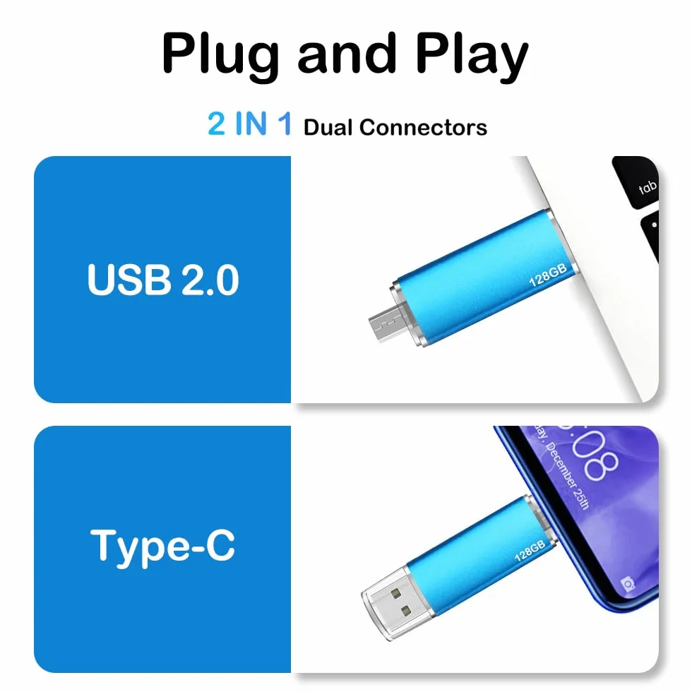 Chiavetta USB C 128 GB 2.0 Pen Drive OTG per Smartphone Laptop Tablet PC Blu