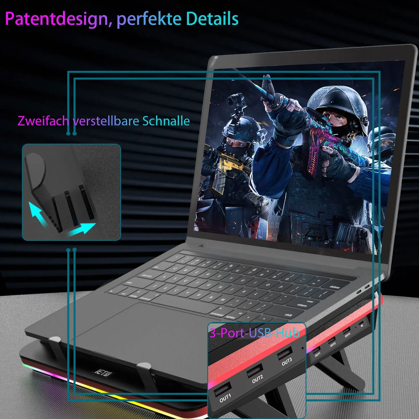 IETS GT500 Ventola turbo 5000 giri/min per computer portatile 13-17,3 pollici Hub USB 3 porte