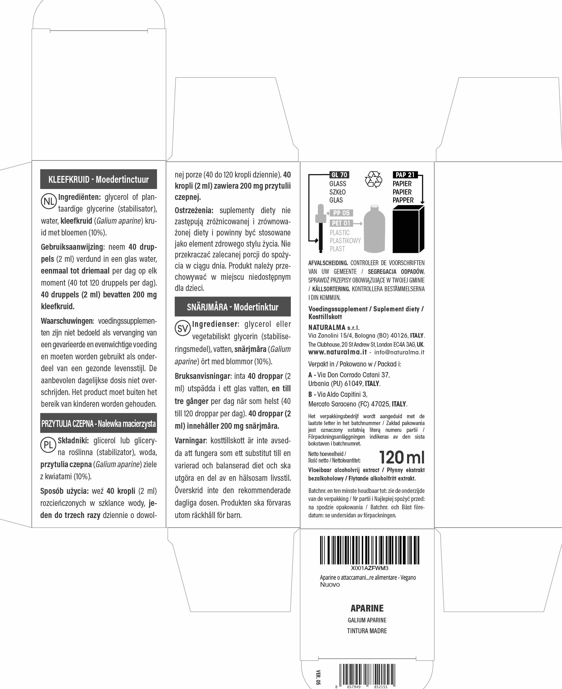 Galium aparine Tintura Madre analcoolica Naturalma Estratto liquido gocce 120 ml Integratore alimentare Vegano