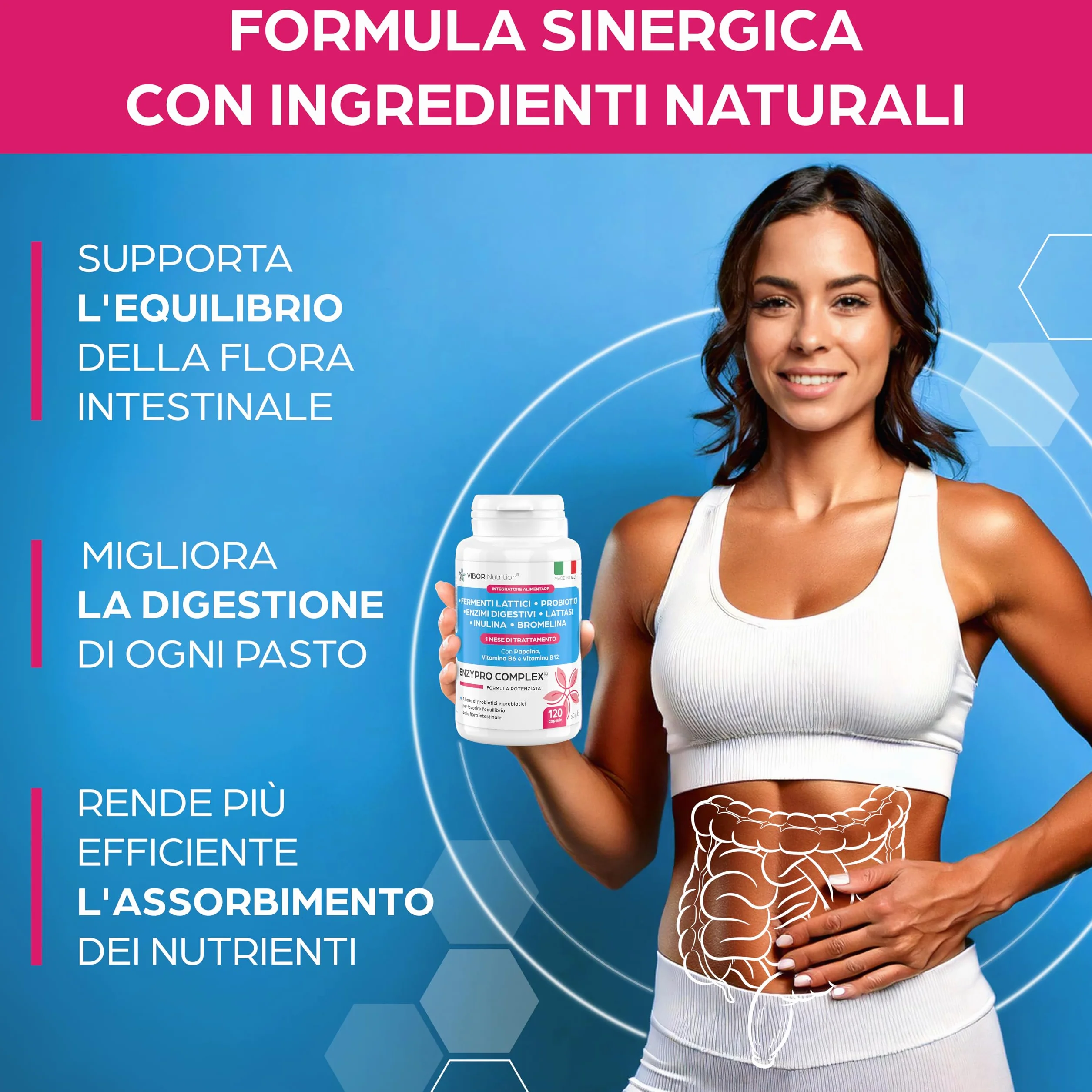 Vibor 120 Cps Enzypro Complex 3 in 1, Fermenti Lattici Probiotici E Prebiotici Per Intestino + Enzimi Digestivi Bromelina Plus Forte Drenante, Lattasi, Inulina, Riduce Il Gonfiore Addominale, Per Adulti