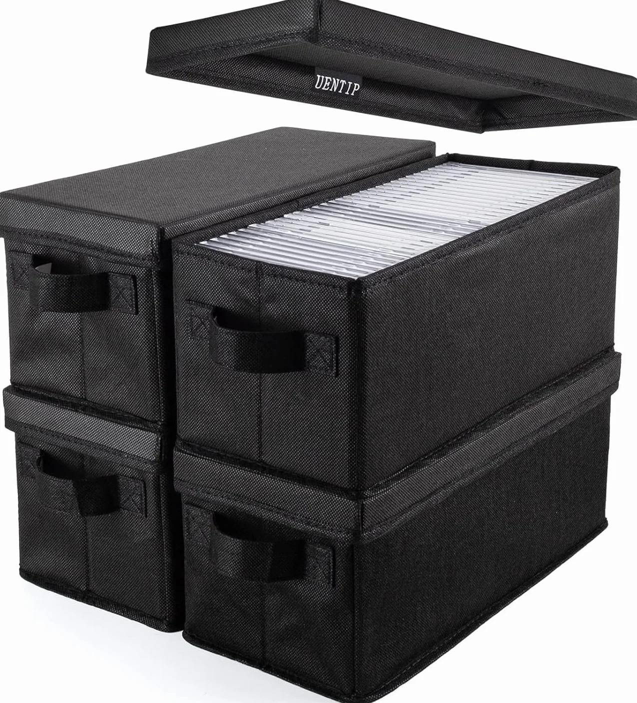 UENTIP Scatole per CD, confezione da 4 custodie per CD, 33,5 x 15 x 13,5 cm, contenitore per 30 CD in custodie complete, 60 CD in custodie sottili e 165 dischi in custodie per CD, colore nero