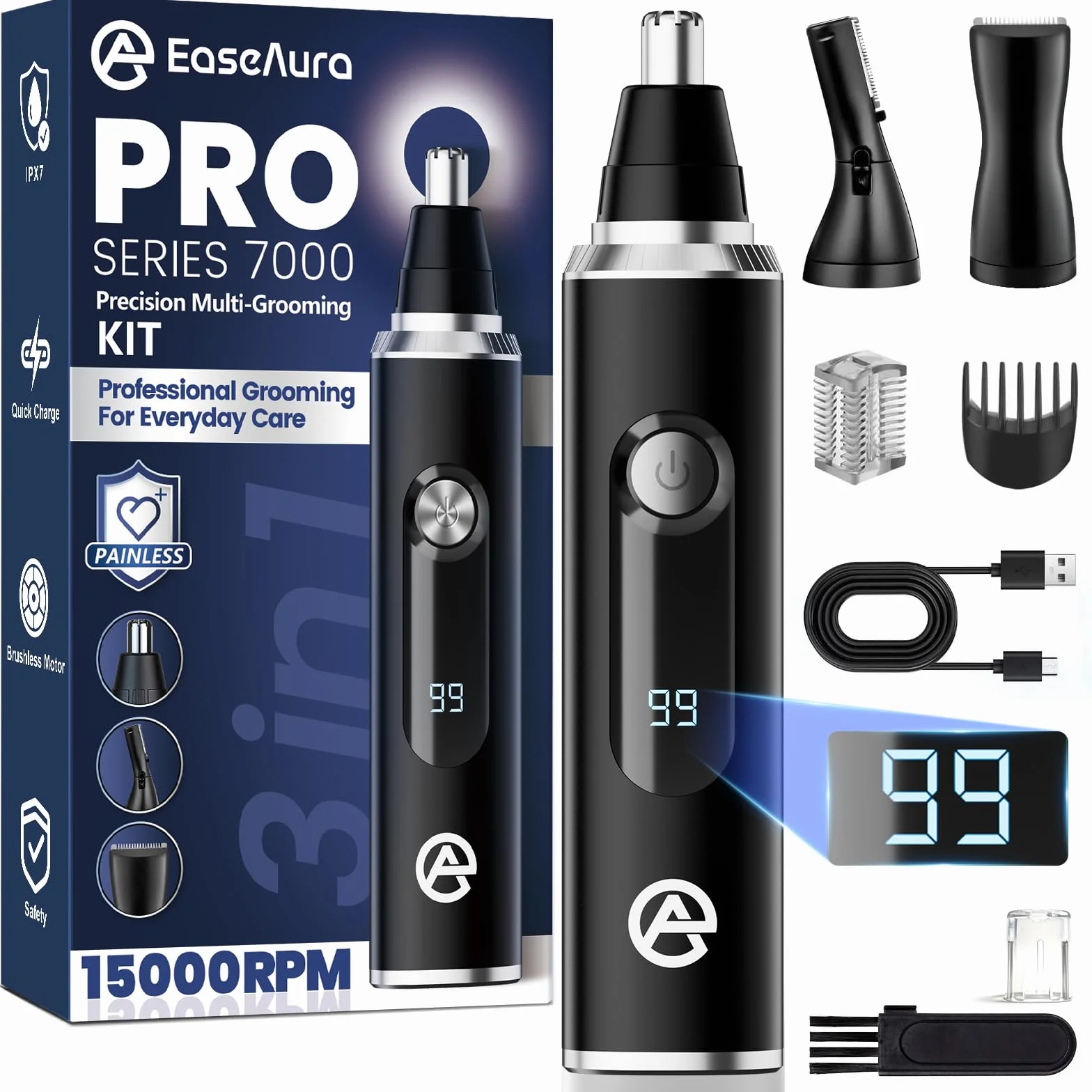 Rasoio Elettrico 3 in 1 Taglia Peli Naso e Orecchie Ricaricabile per Uomo & Donna, IPX7