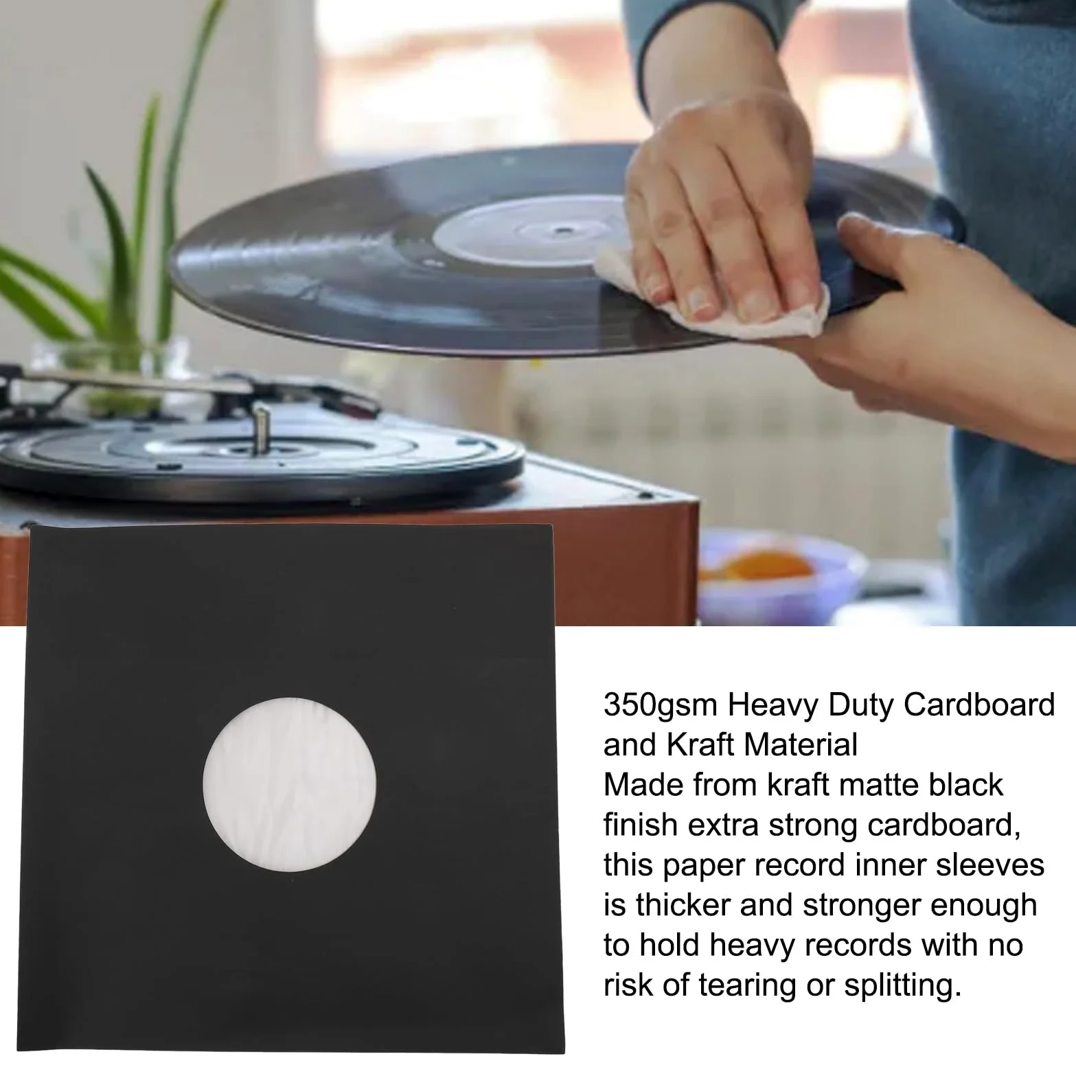 ANGGREK Buste per Dischi da 12 Pollici, Rivestimenti in Carta Kraft Nera Opaca, Cartone Spesso 350 g/m² con Foro Centrale per la Conservazione di Dischi in Vinile a 33 giri/min.