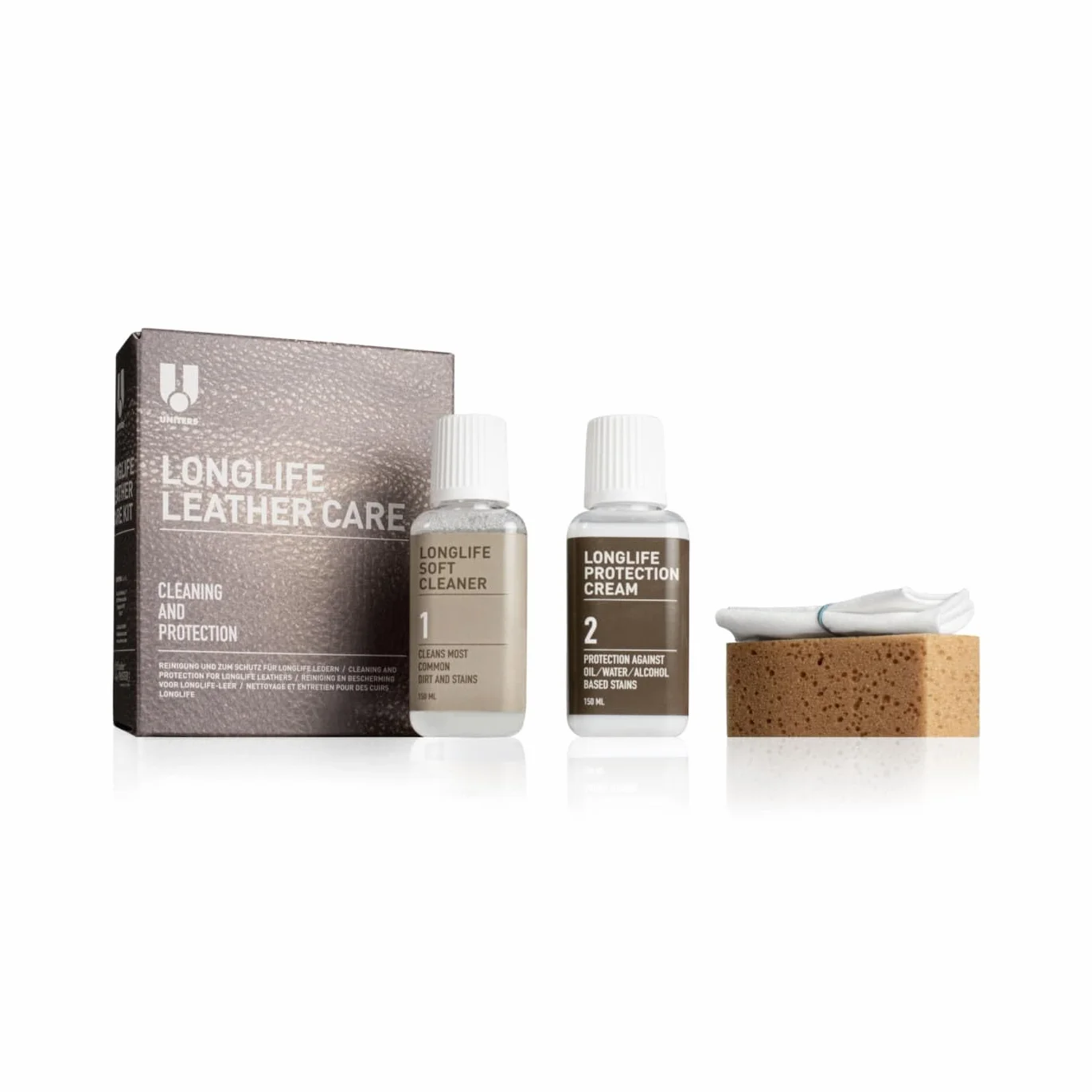 Uniters Longlife Leather Care Set 2 x 150 ml detergente crema protettiva spugna panno per pelle liscia