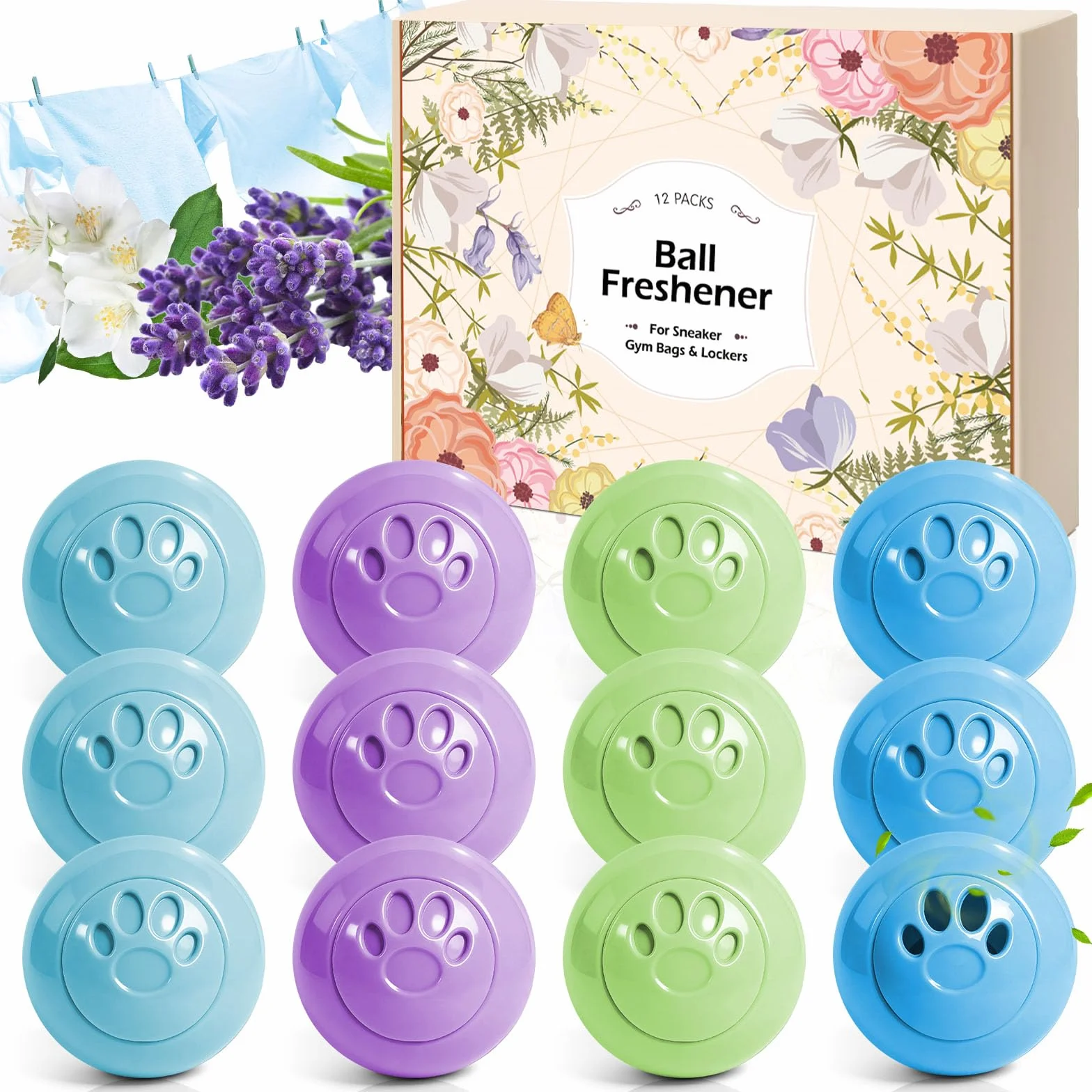 Deodoranti per Scarpe da Ginnastica 12 Palline Lavanda Lino Gelsomino Talco