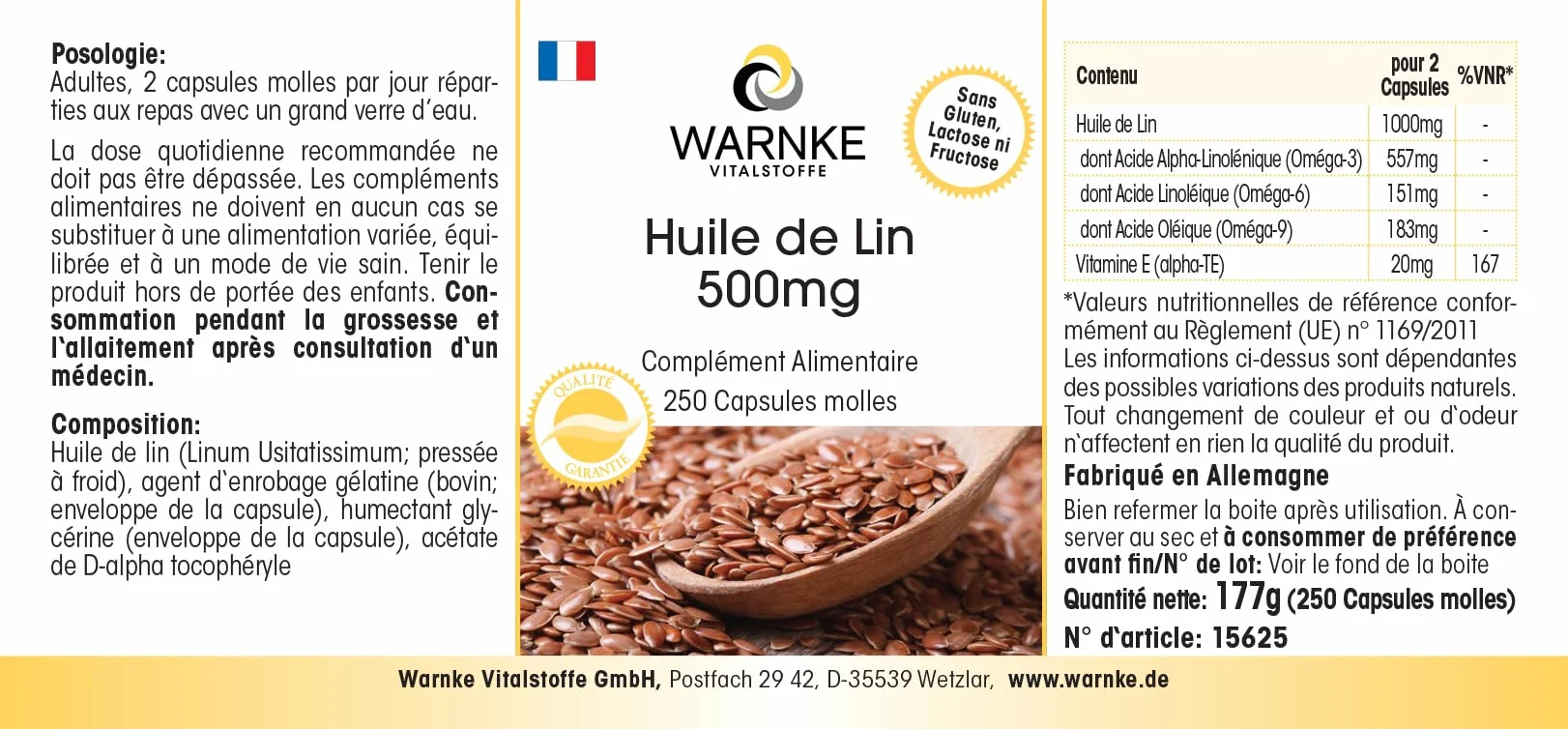 Olio di lino puro 500mg Alpha acido liponico Omega 3-250 Softgel Vitamina E Warnke Vitalstoffe