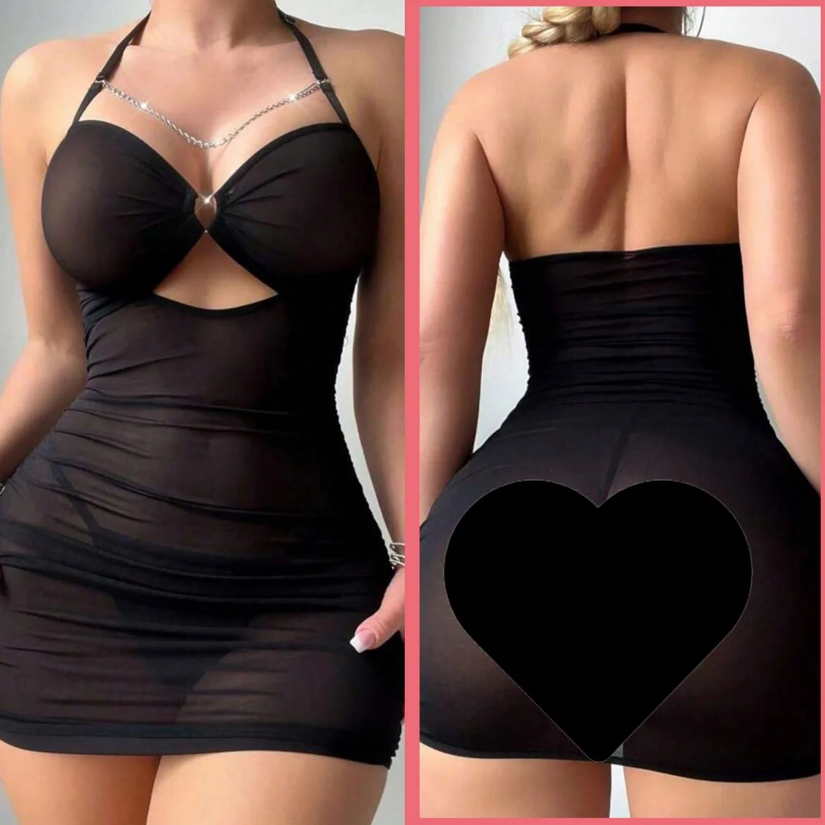 Mini abito in rete trasparente sexy da donna con fascia per il collo e cuore traforato