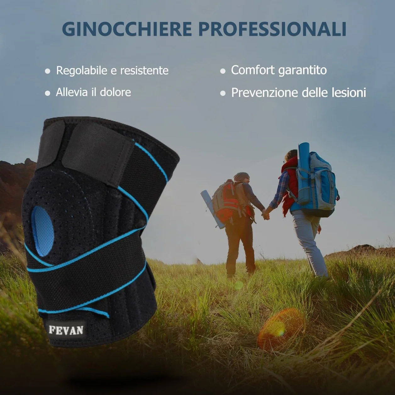 FEVAN Tutore Ginocchio Regolabile Ortopedica con Silicone Nero/Blu