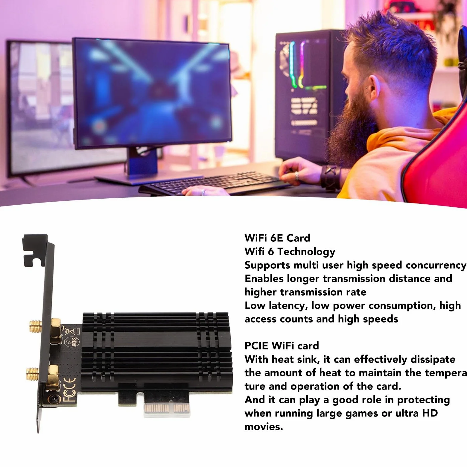 Scheda WiFi Pcie WiFi 6e AX210, Adattatore di Rete Wireless BT 5.3 6Ghz 5.8Ghz 2.4Ghz con Dissipatore di Calore 2 Antenna, Schede LAN Wireless per PC Desktop Windows 10/11