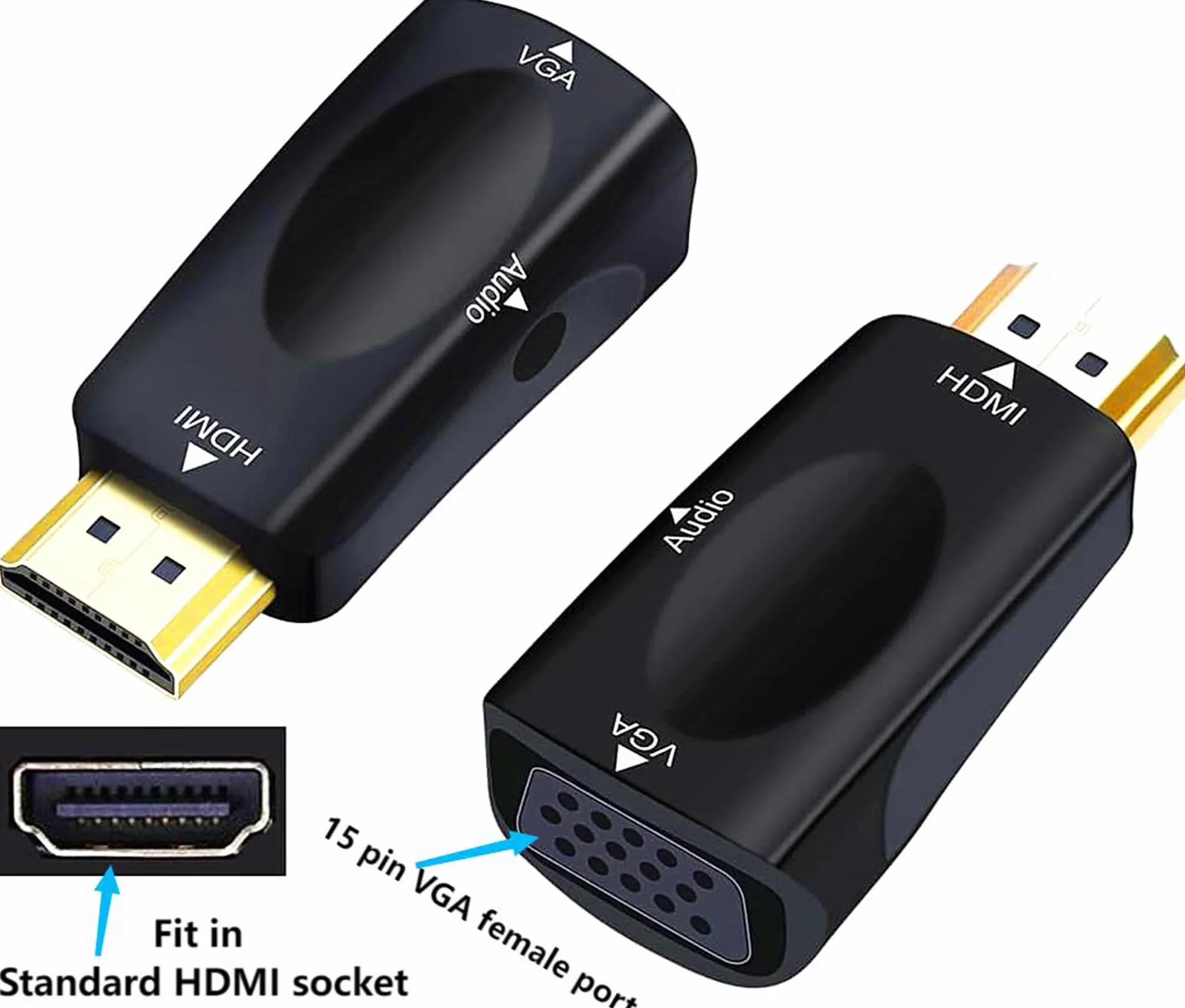 Convertitore HDMI a VGA con jack audio 3,5 mm, 50 cm VGA femmina a HDMI maschio, connettore placcato oro per HDTV, PC, monitor e laptop