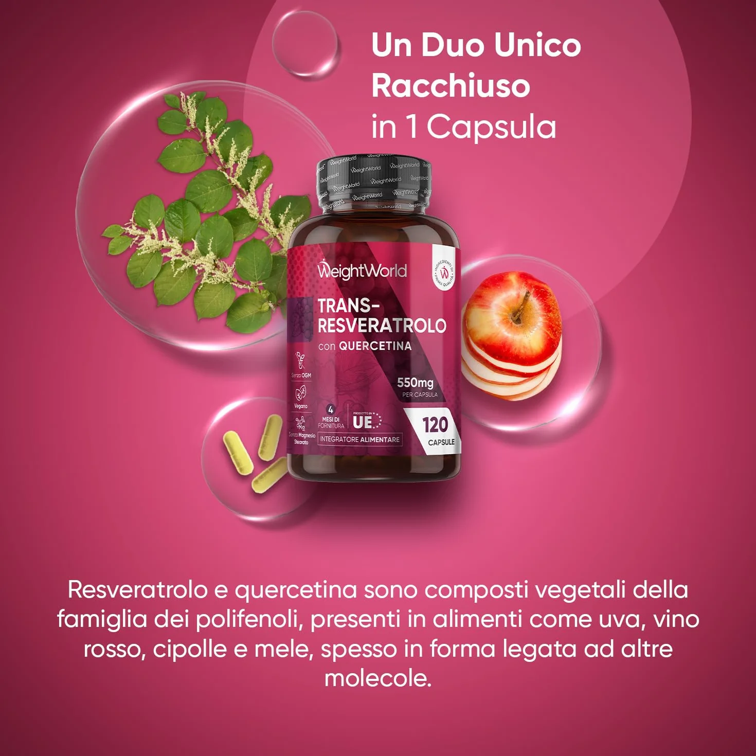Resveratrolo con Quercetina, 120 Capsule Vegane, 550mg Trans Resveratrolo 98%