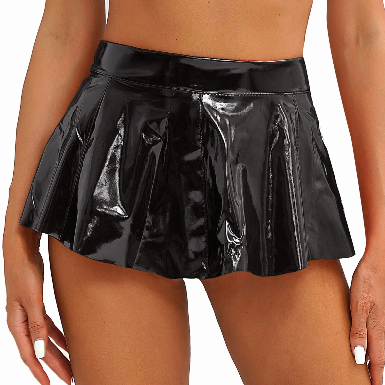 FEESHOW Women Sexy Wetlook Minigonna Pelle Lucida Gonna Swing Tennis Gonna Vita Alta con Zip Rave Ballo Party Abbigliamento Club