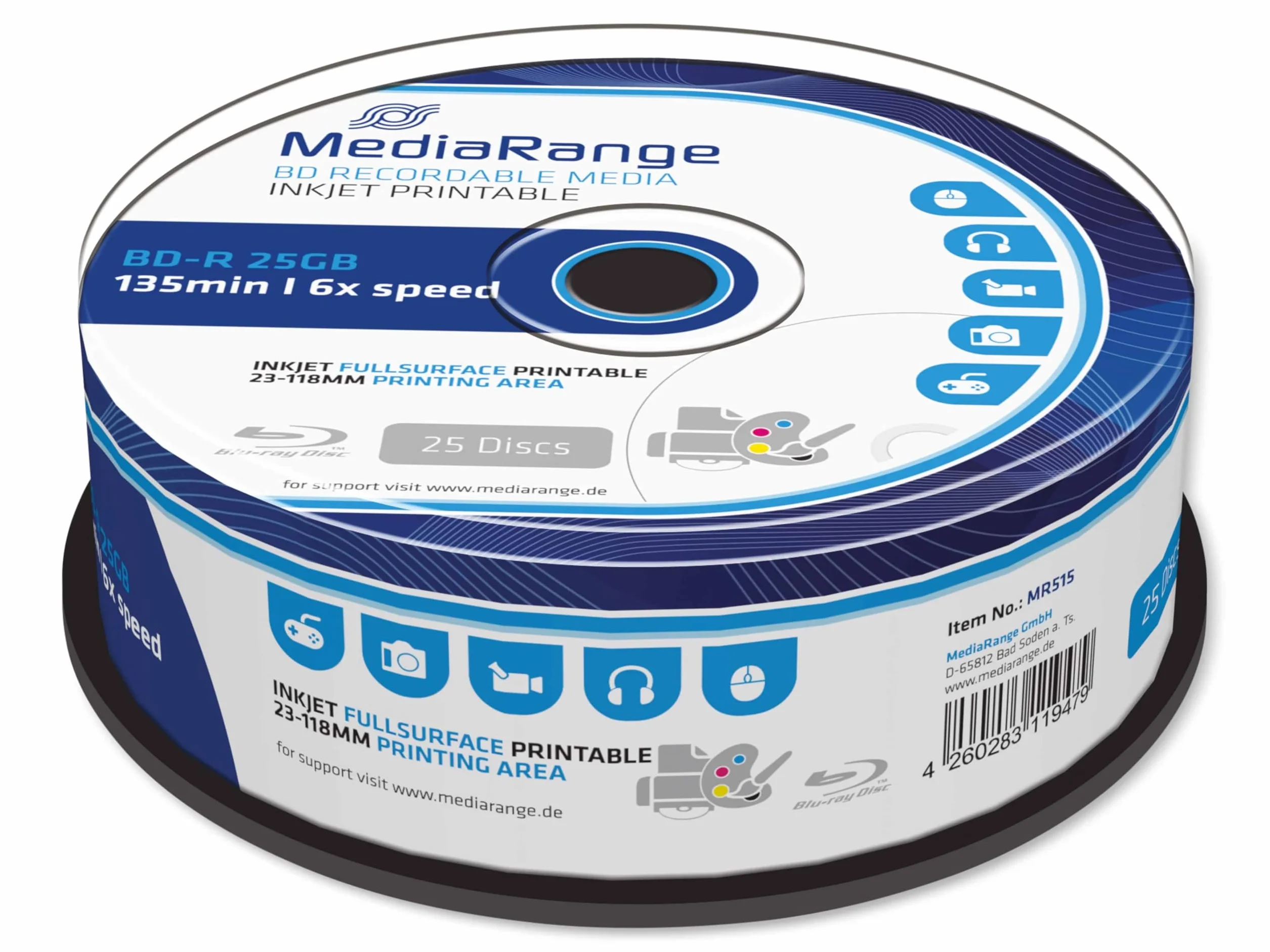 MediaRange BD-R - Confezione da 25 cacebox da 25 GB a 6 velocità di scrittura, stampabili su tutta la superficie (stampante a getto d'inchiostro)