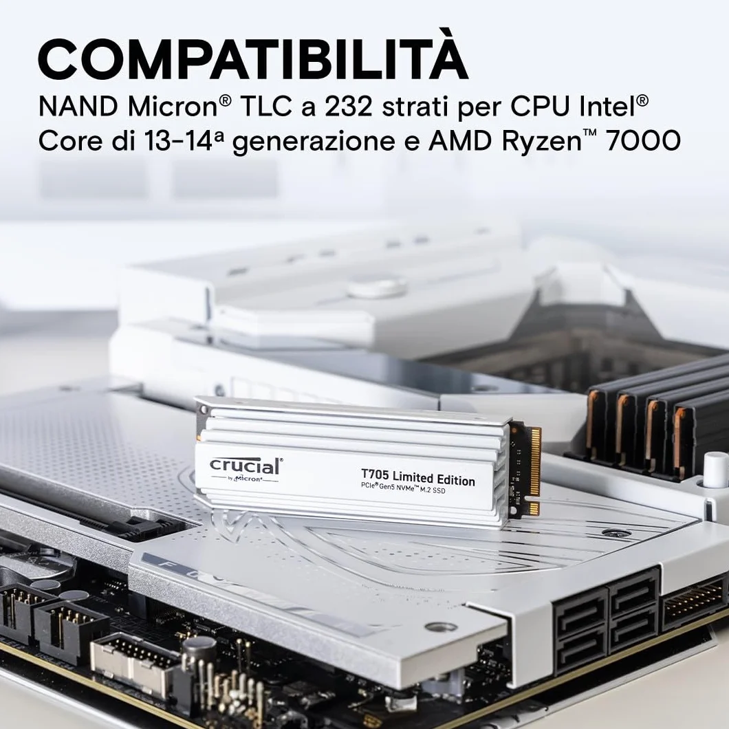 Crucial T705 SSD 2TB PCIe 5.0 x4 Gen5 NVMe M.2 con Dissipatore Bianco, Velocità fino a 14500 MB/s Lettura, 12700 MB/s in Scrittura, Per PC desktop, TLC NAND, Hard Disk Interno - CT2000T705SSD5A