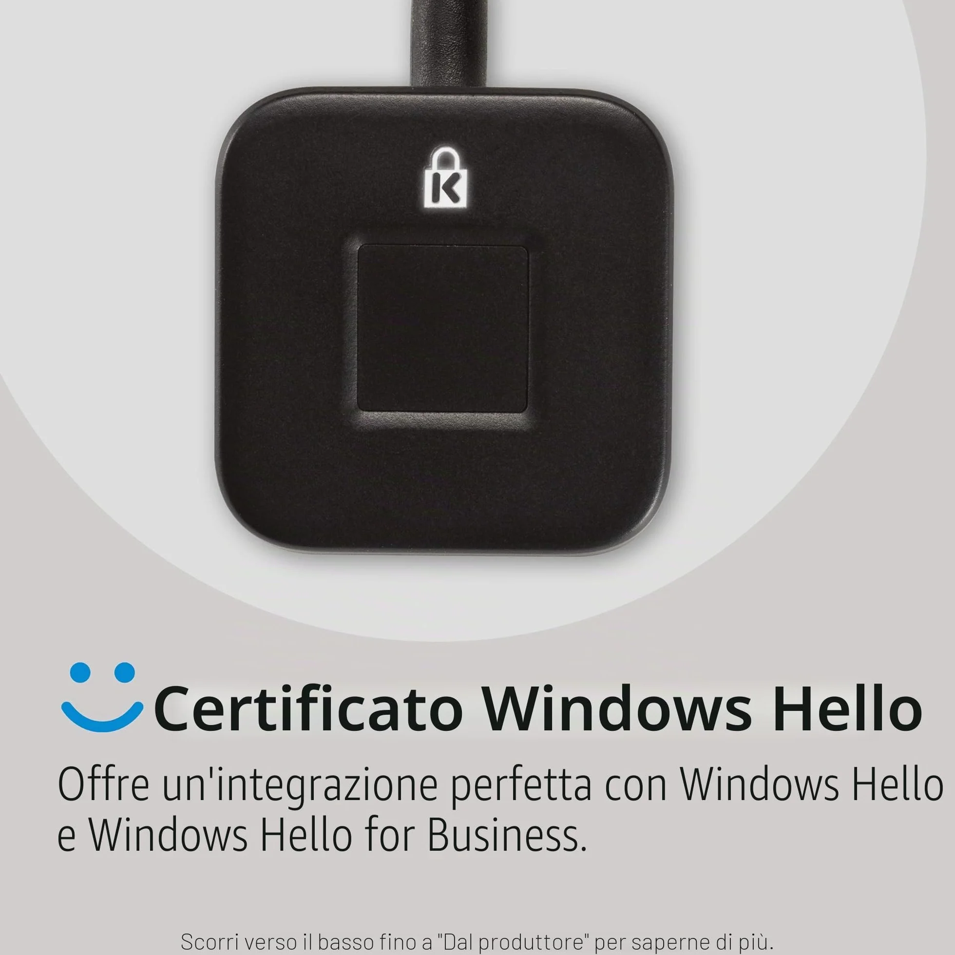 Kensington Lettore di impronte digitali da tavolo VeriMark, chiave di sicurezza USB per PC, laptop, scanner biometrico con leggibilità a 360° compatibile con Windows 11 / 10 Hello, K62330WW