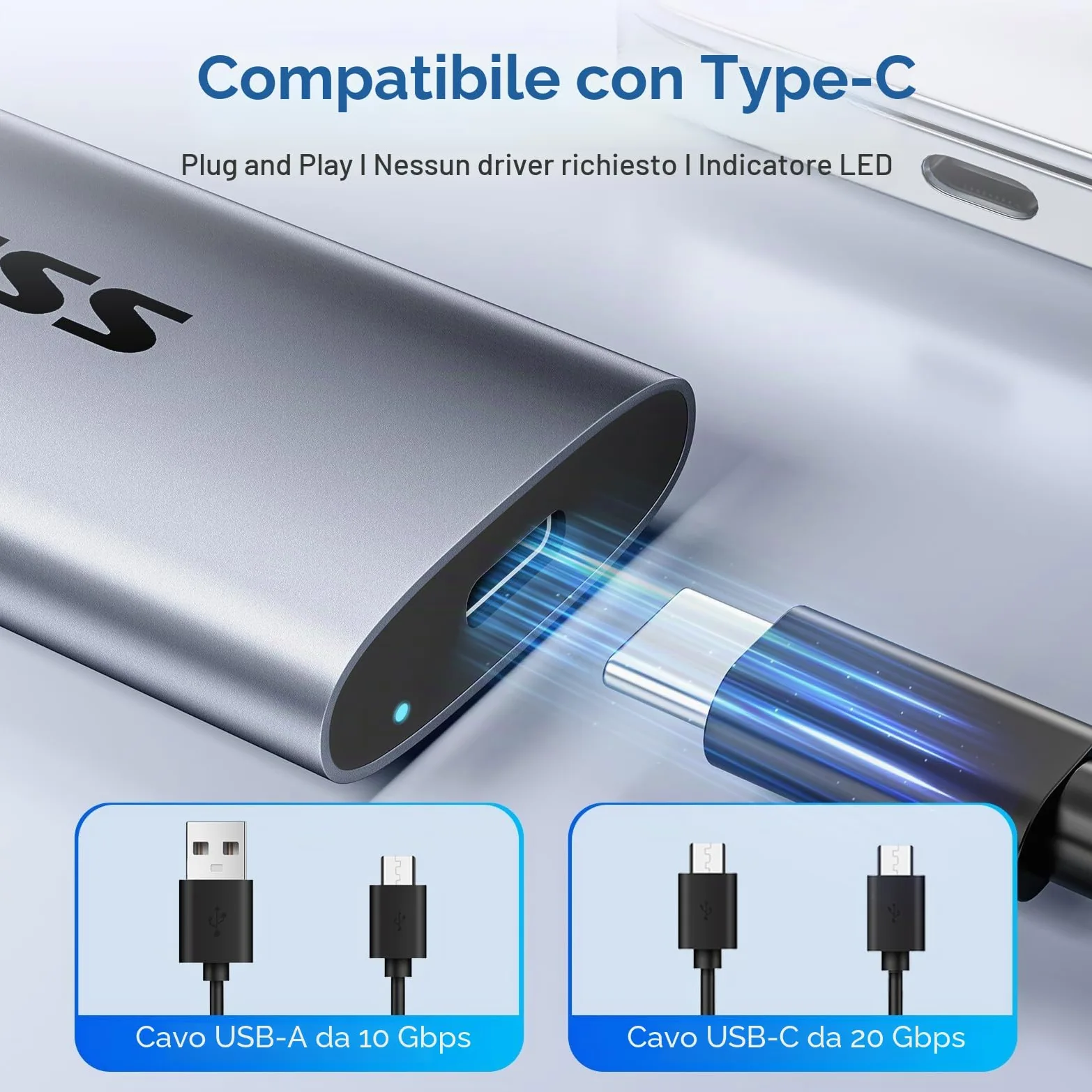 SSK SSD portatile da 4 TB, SSD esterni fino a 2000 MB/s, Hard disk esterno USB 3.2 Gen2X2 NVMe SSD, consumo energetico ultra basso per iPhone 15/Macbook/Pro/telefono OTG