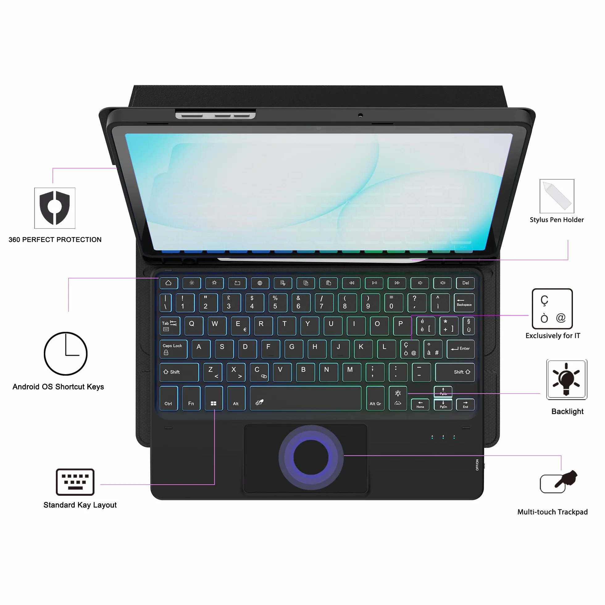 Custodia con tastiera per Samsung Galaxy Tab A11+/A9+ Plus 11" : Tastiera retroilluminata Rainbow con touchpad intelligente - A11+/A9+ Plus tastiera wireless rimovibile con Layout italiano QWERTY