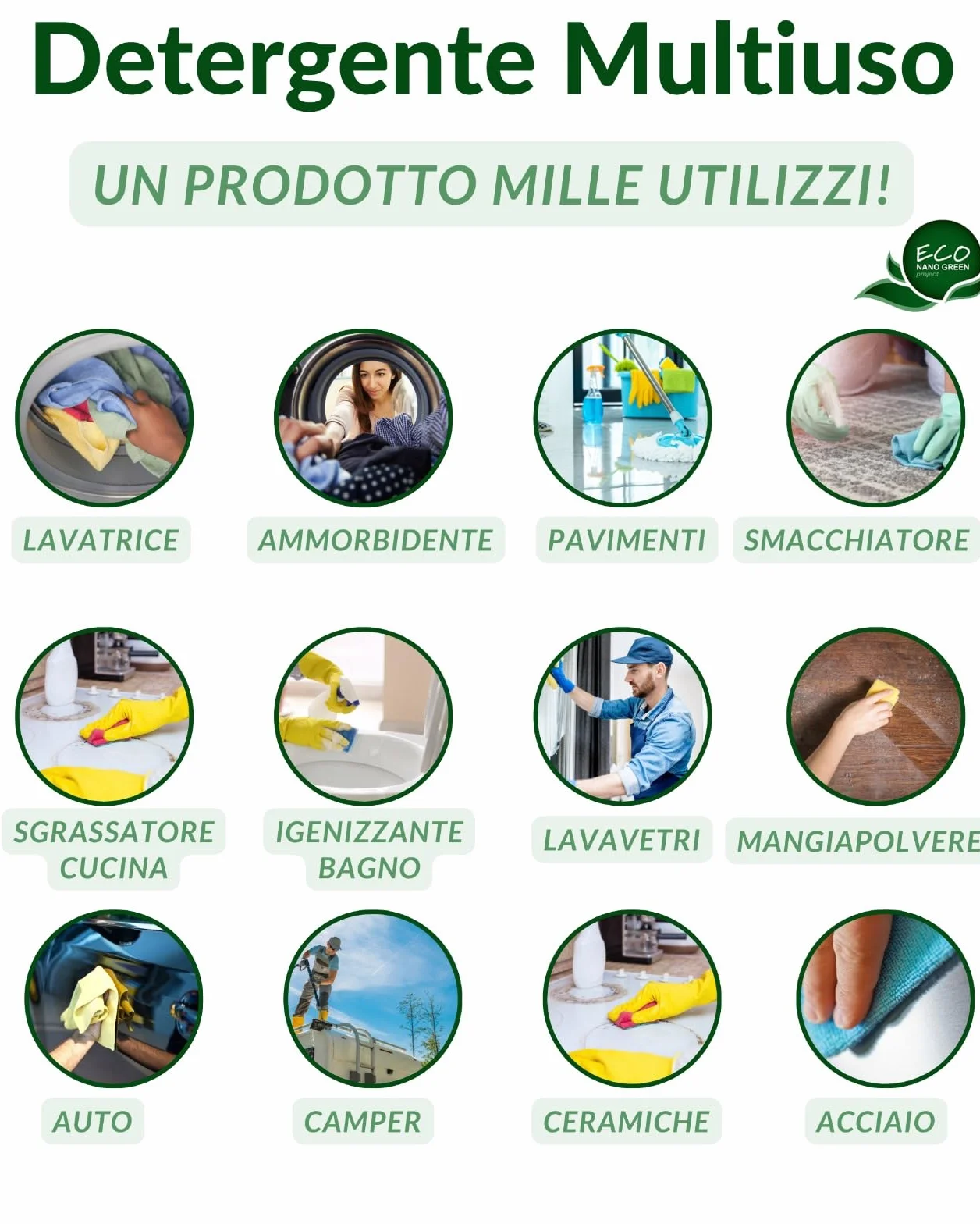 ECO NANO GREEN Detergente Naturale Universale per Pavimenti, Lavatrice, Bucato, Cucina, Bagno e Vetri