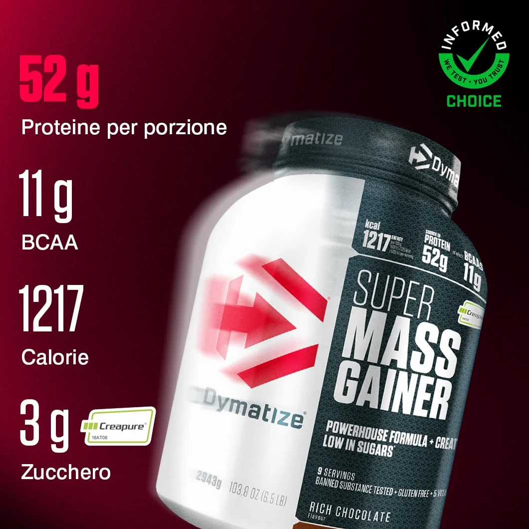 Dymatize Super Mass Gainer Rich Chocolate 2943g Weight Gainer Polvere Carboidrati Creapure Creatina BCAA Caseina