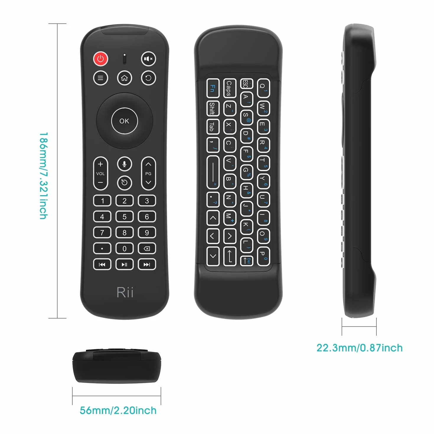 Rii Mini MX6+ (Wireless + IR) - Telecomando con Mouse giroscopico, Tastiera retroilluminata e Microfono integrati per Smart TV Android, TV Box, PC Windows e Mac