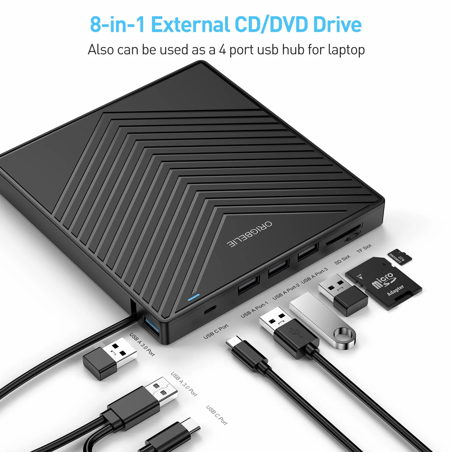 ORIGBELIE Masterizzatore DVD CD Externo, Lettore CD DVD Esterno, USB 3.0 con 4 Porte USB e 2 Lettore di Schede TF/SD, Sottile Unità CD/DVD Esterna Per Laptop Mac PC Windows 11/10/8/7 Linux OS con Caso