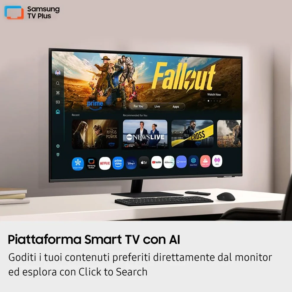 Samsung Smart Monitor M7 (S43FM702), Flat 43'', 3840x2160 (UHD 4K), Smart Hub con AI, Office 365, Gaming Hub, Speaker Integrati, Telecomando, WiFi, HDMI, USB-C