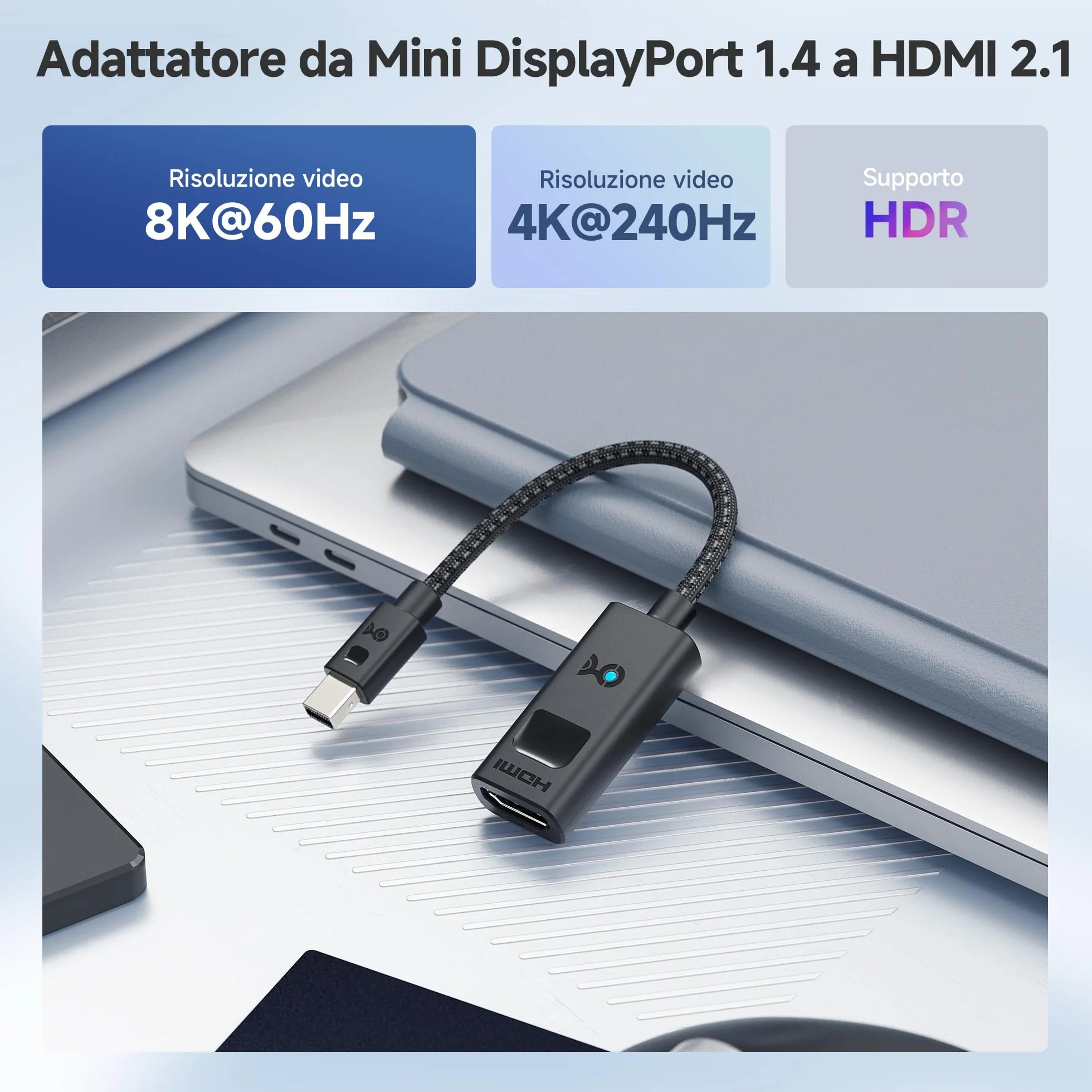 Cable Matters Adattatore 8K 60Hz Mini DisplayPort 1.4 a HDMI con 4K 120Hz o 8K 60Hz, Cavo adattatore da Mini Display Port 1.4 a HDMI 8K in nero