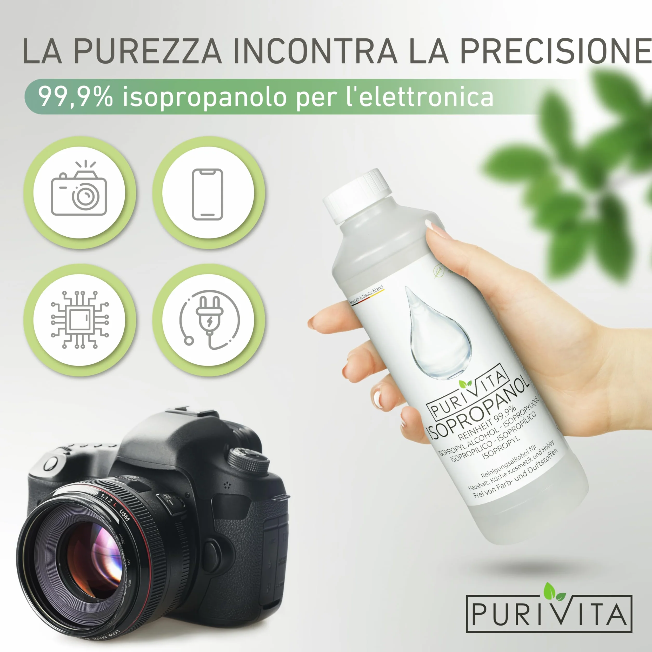 PURIVITA Alcool Isoproilico 99,9% 500ML Isopropyl Alcohol Disinfettante Detergente