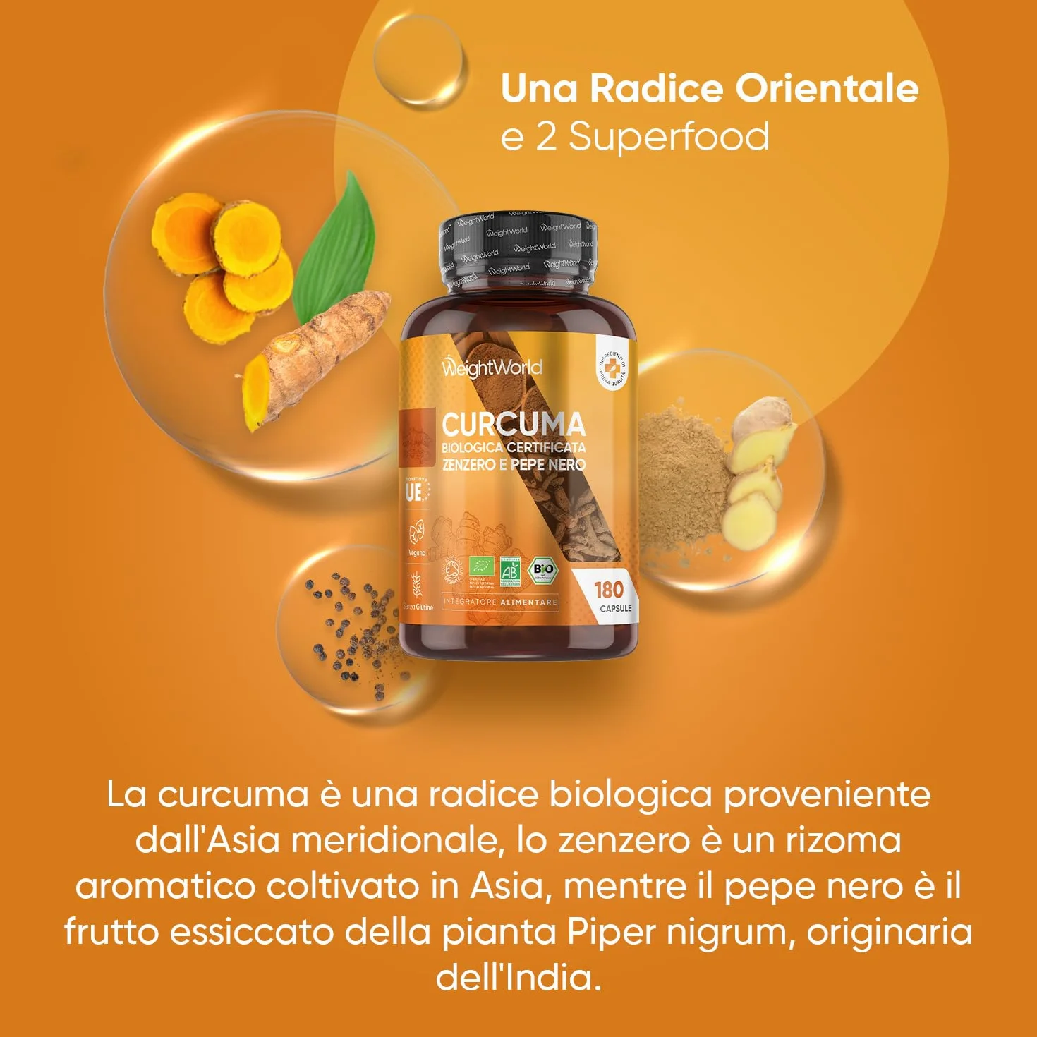 Curcuma Piperina Zenzero Integratore Biologico 1520mg 180 Capsule Vegane con Pepe Nero e Zenzero Senza Glutine