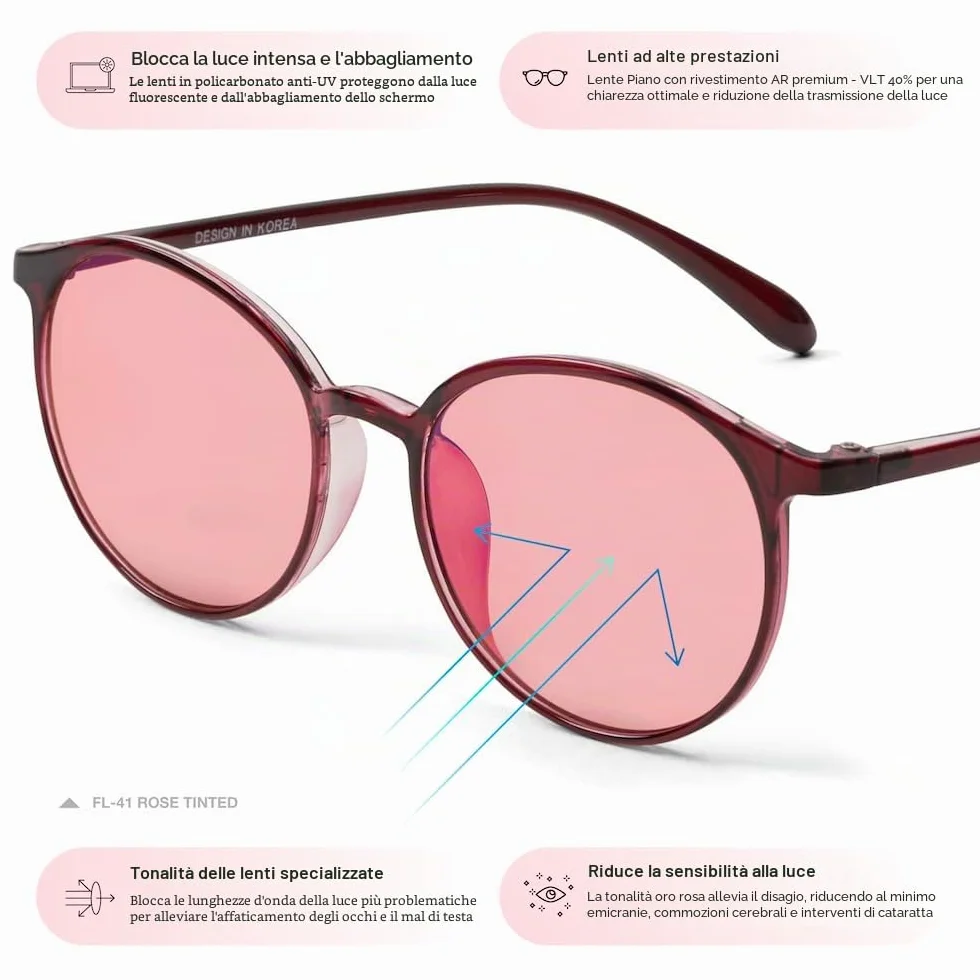 BRADDELL OPTICS Occhiali anti-luce blu FL-41 rosa FL-60 marroni per fotofobia e computer