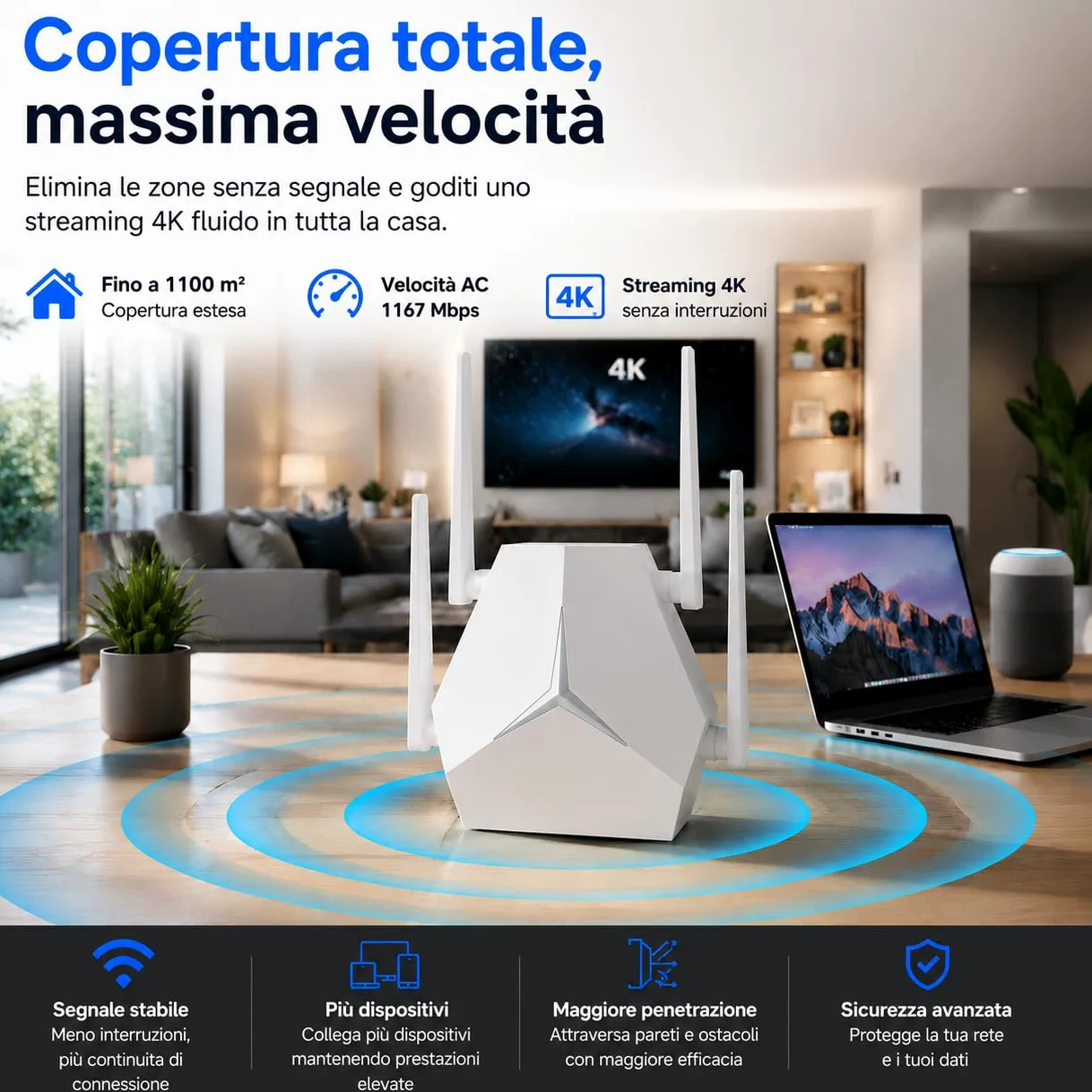 Ripetitore WiFi 1200 Mbps Doppia Banda, Range Extender WiFi 3 in 1 Repeater/AP/Router con Porte Ethernet e Indicatore LED