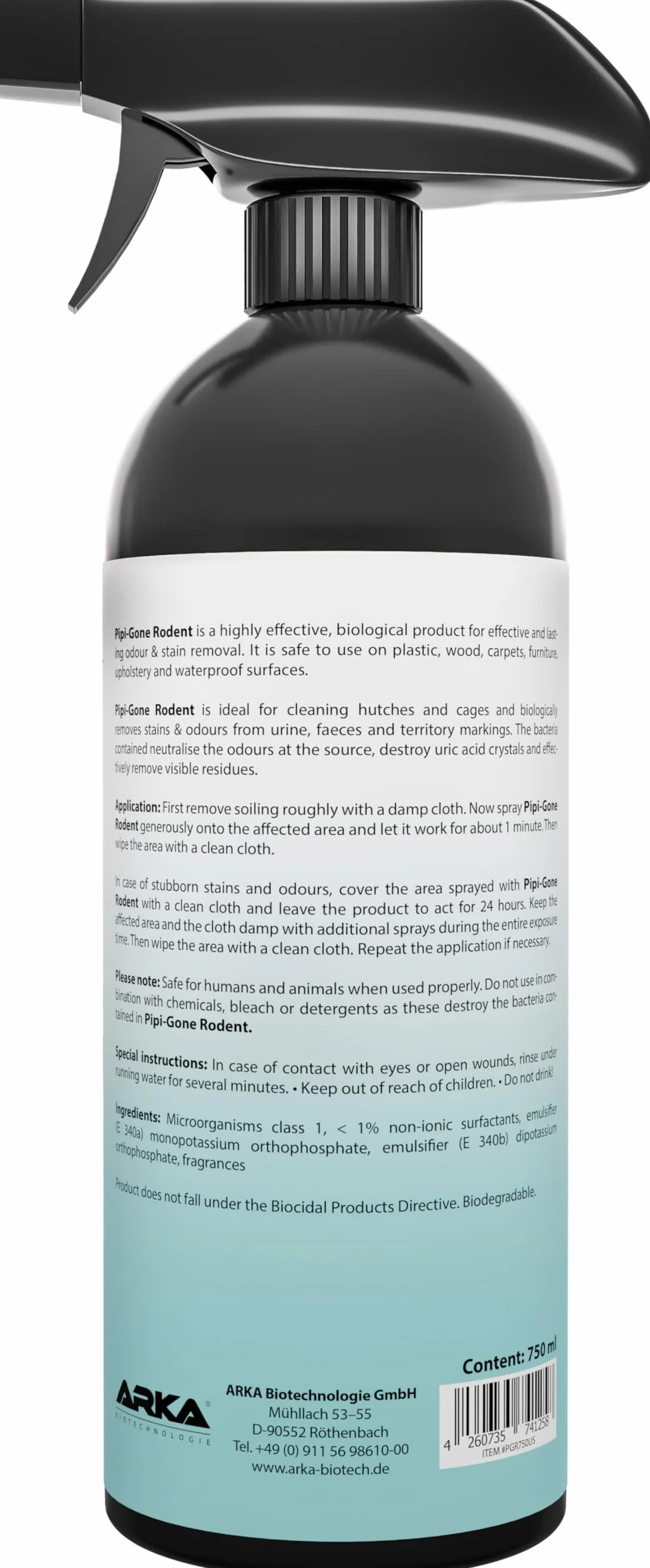 ARKA Pipi-Gone Spray enzimi roditori 750 ml elimina odori macchie urina feci gabbie recinti biologico conigli cavie criceti piccoli animali domestici