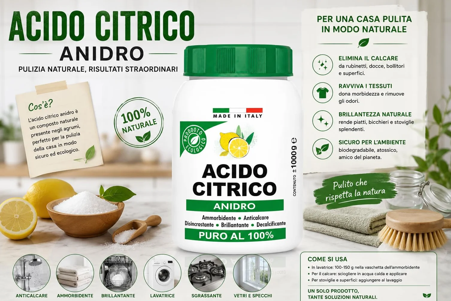 Acido Citrico Anidro 1 Kg Puro al 100% Anticalcare Naturale Made in Italy