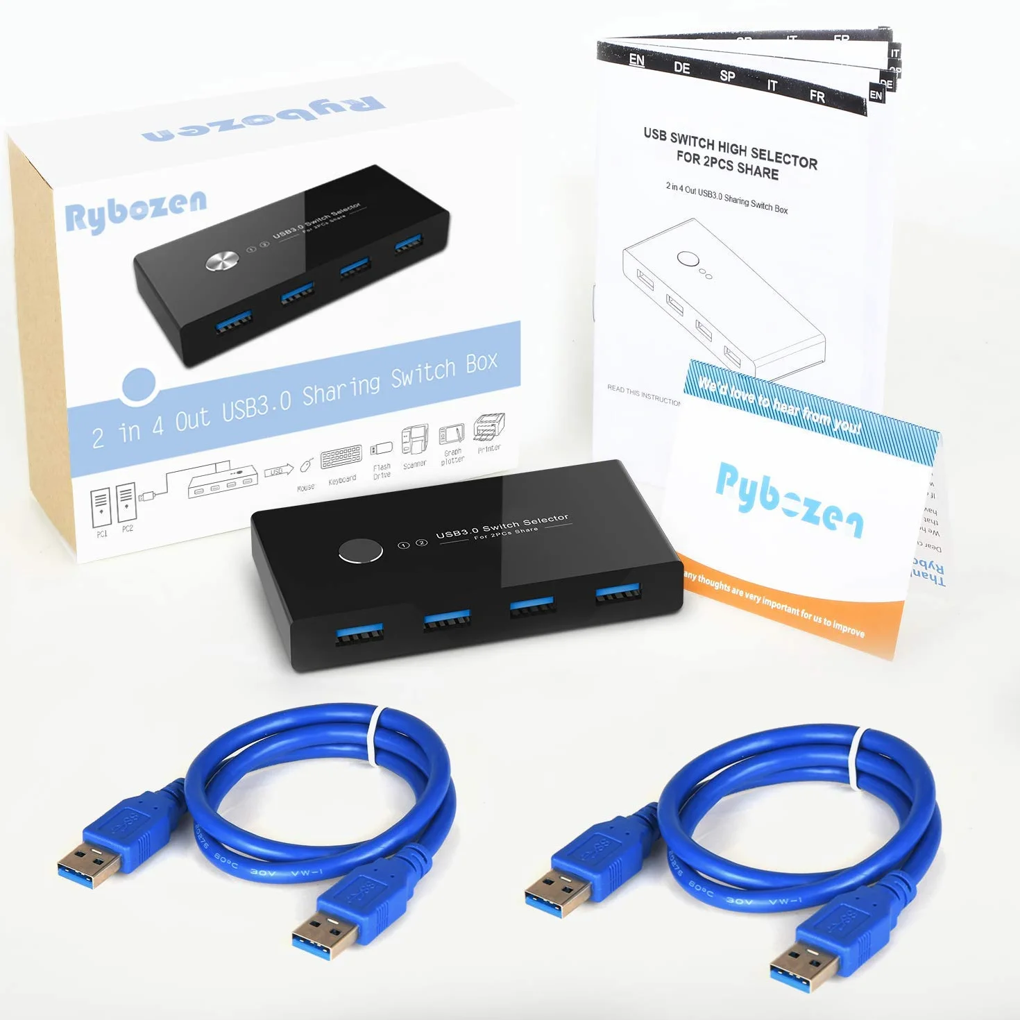 Rybozen USB Switch,KVM Switch usb 3.0 per 2 PC 2 in 4 out, Commutatore USB 2 Ingressi 4 Uscite per Mouse, Tastiera, Scanner, Stampante, Hard Drive,2 Cavi USB 3.0 da 1,5M in Dotazione