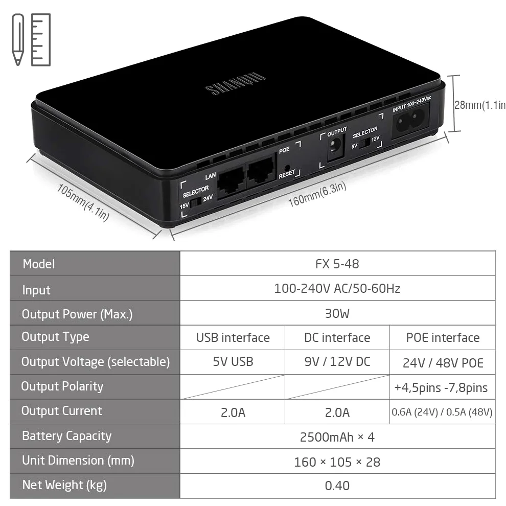 Gruppo di Continuità Mini UPS POE Gigabit per Router, Modem, Telecamera, Ingresso 100~240V AC Uscita 5V USB 9V/12V DC 24V/48V POE (1000mbps)